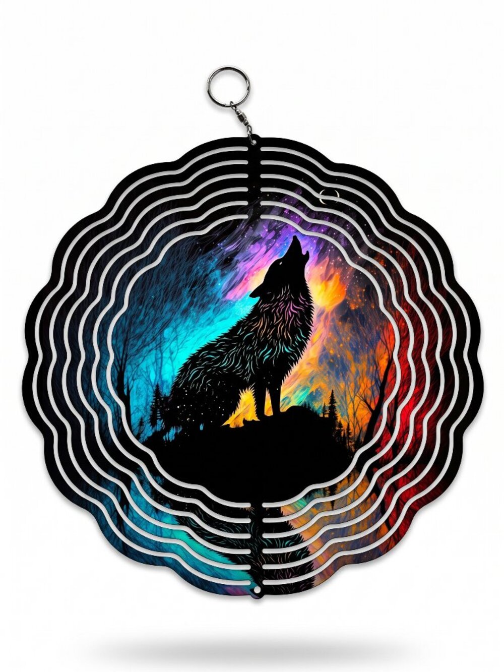 10" Howling Wolf Moonlit Night Kinetic Wind Spinner - Metal Hanging Yard Decor